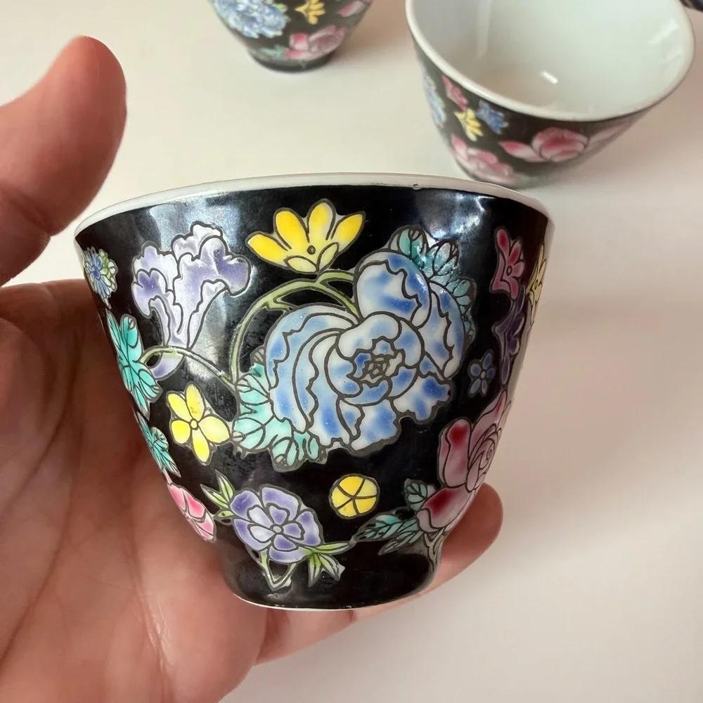 Jingdezhen Famille Noire Tea Cups - Set of 3 Hand-Painted Black Porcelain Floral